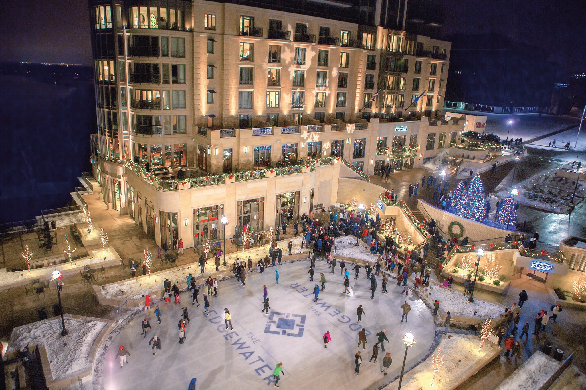 a view from above of the edgewater hotel skating rink in Madison, Wisconsin