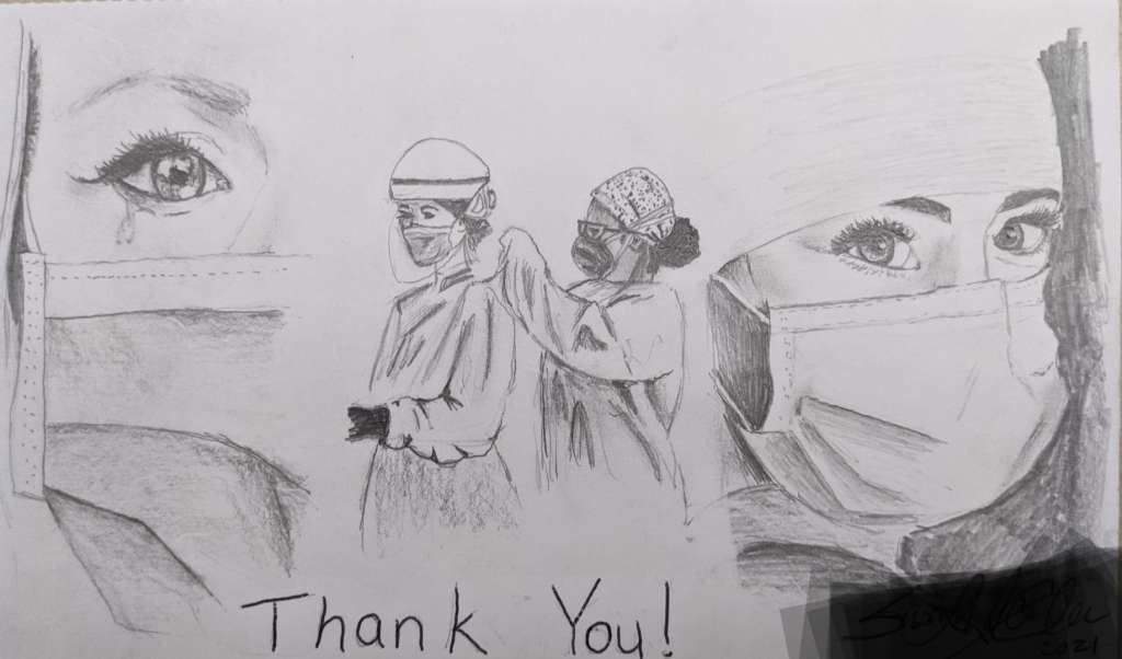 A Picture for a Thousand People Sketch shows healthcare workers helping each other put on PPE, masked healthcare worker cries