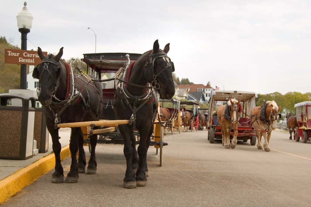 Unique Places to Visit in Michigan "Typical street scene on Mackinac Island, Michigan. The island is auto-free since 1898"
