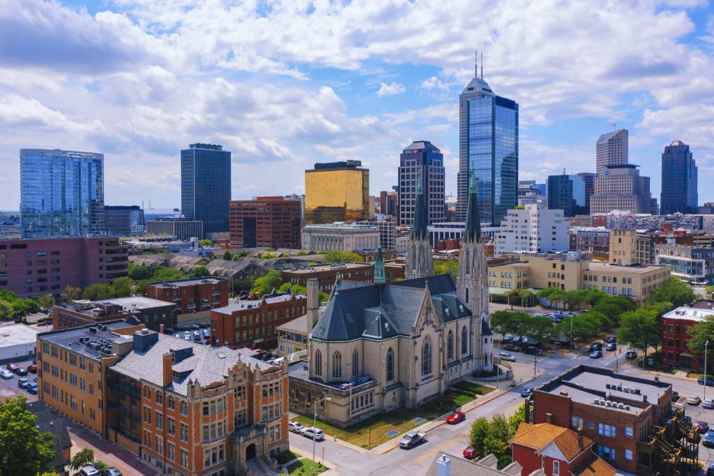 Indianapolis downtown skyline at sunset with city buildings and skyline view