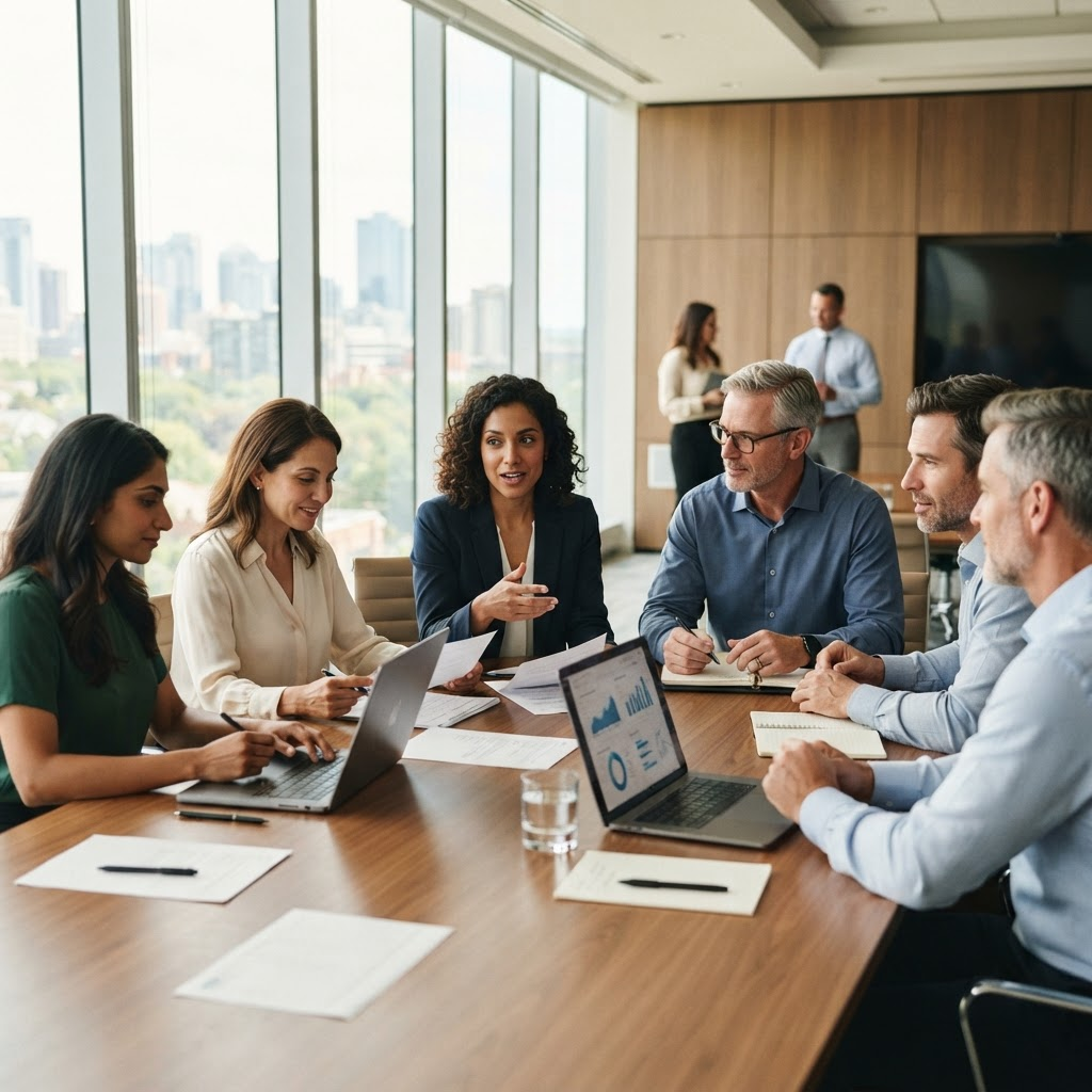 Healthcare professionals collaborating around a conference table