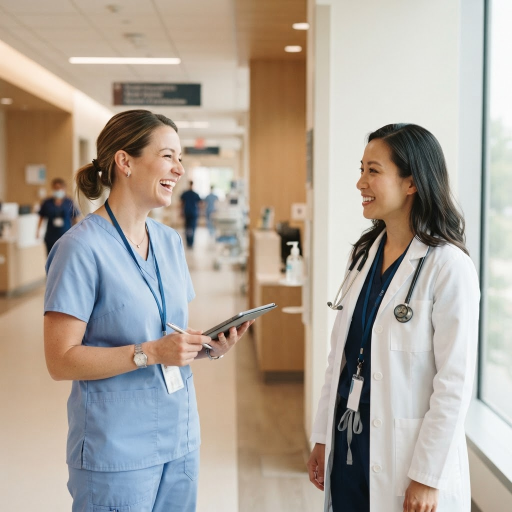 Two TotalMed healthcare professionals conversing in a hospital hallway.
