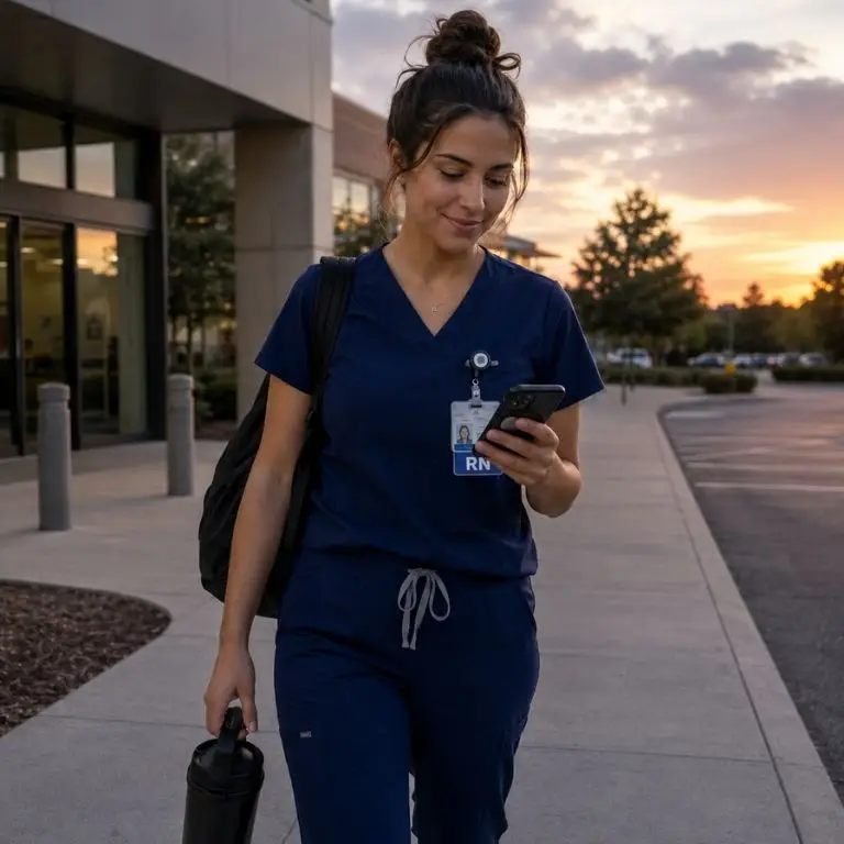 TotalMed nurse leaving a hospital and looking at her TotalMed Go app on a cellphone.