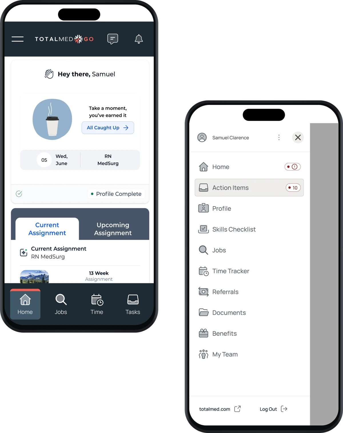 TotalMed Go app screens showing the home dashboard and main menu