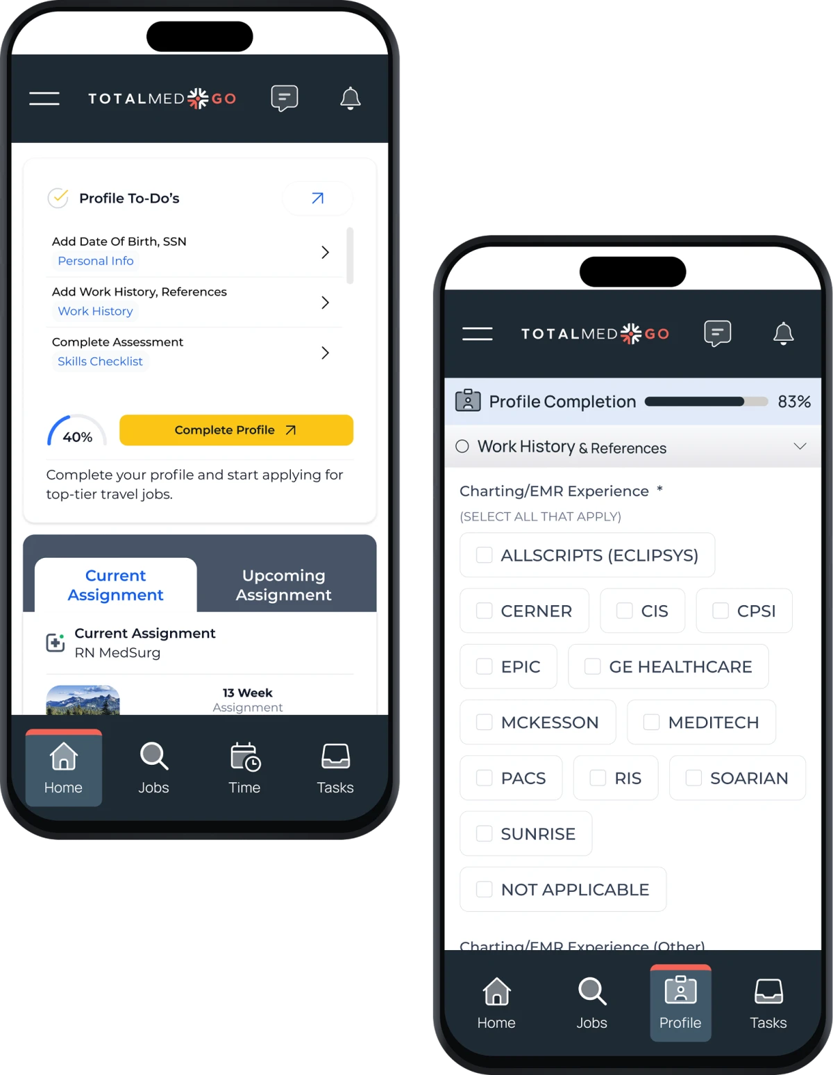 TotalMed Go app screens showing profile to-dos and work history