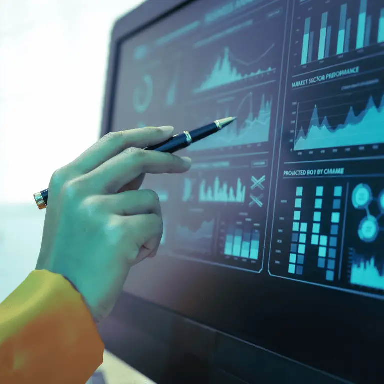 Close-up of a professional analyzing charts and performance data on a digital dashboard.