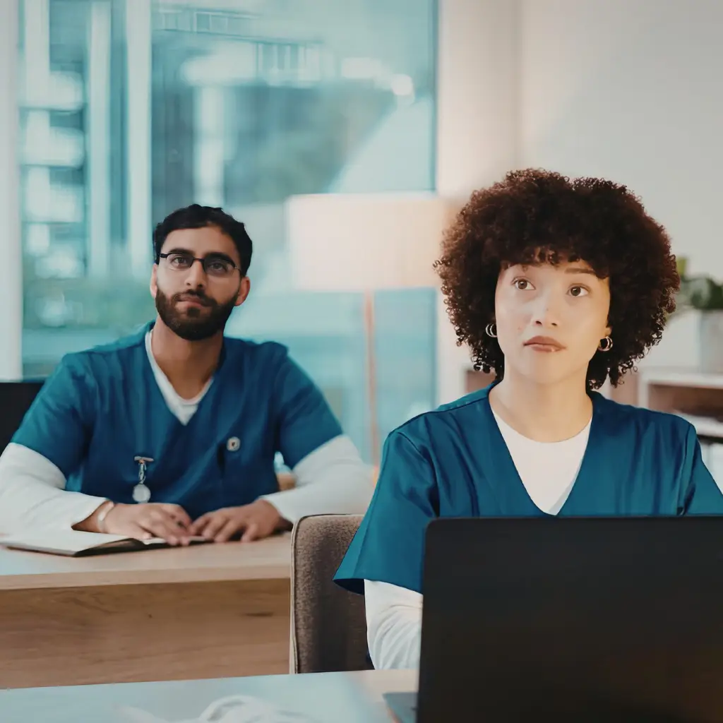 2 nurse students at their desk attentively paying attention