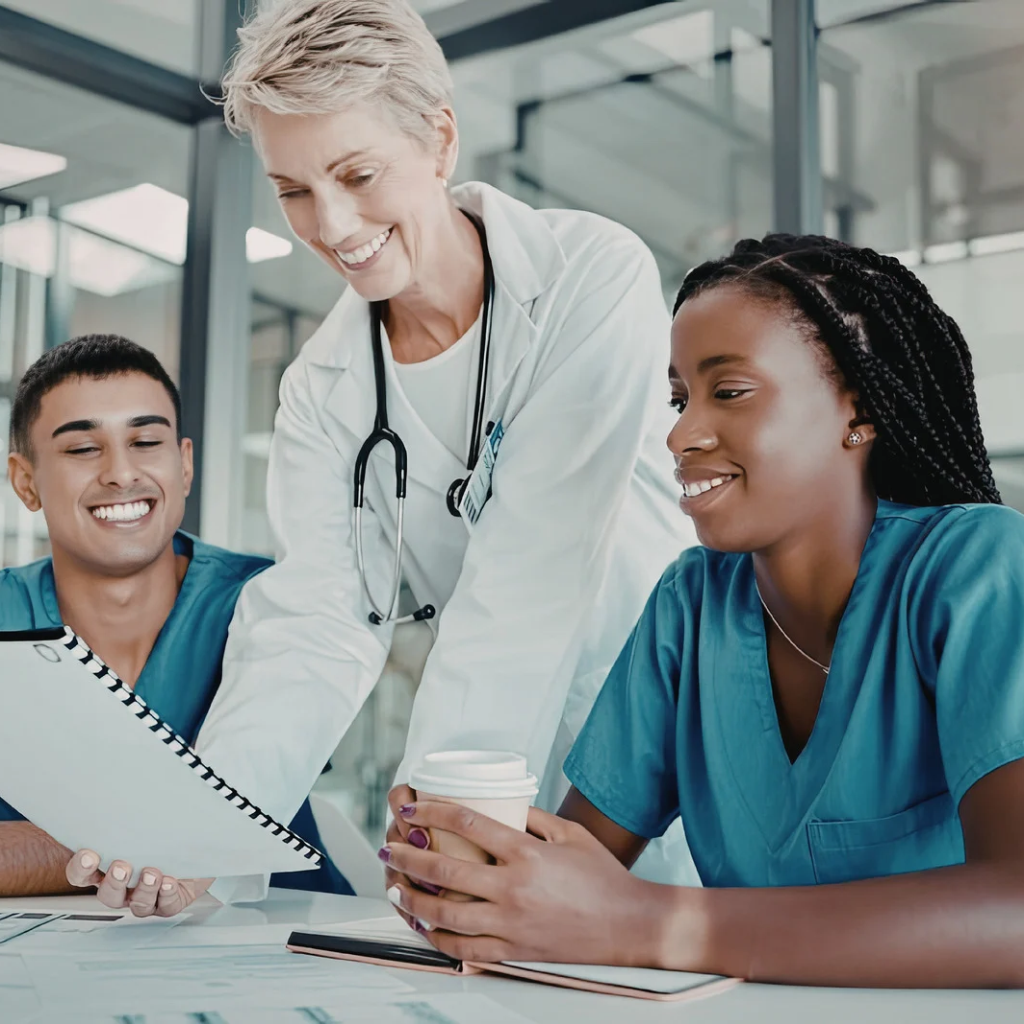 Nurses and doctor smiling while looking at clipboard